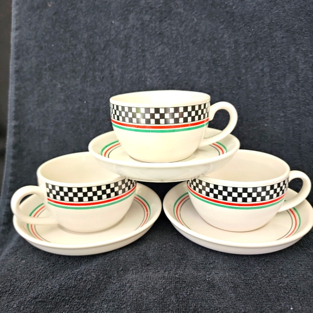 Vtg Himark Caffe Casa Coffee Cup & Saucer x 3 Cappuccino Retro Checkerboard 1990